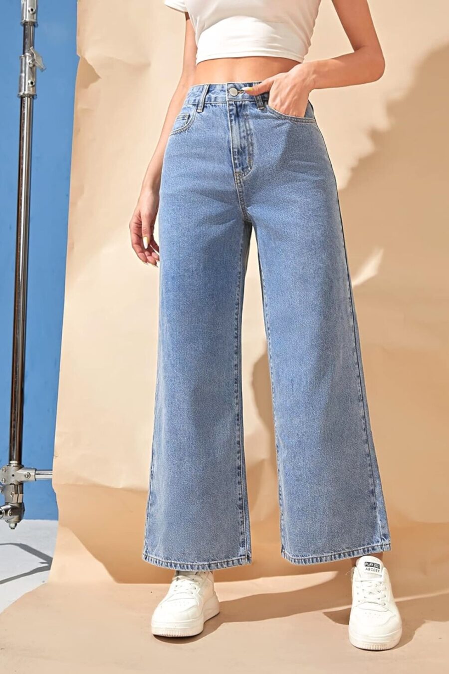 Asymmetry High Waisted Wide Legs Pocket Denim Jeans
